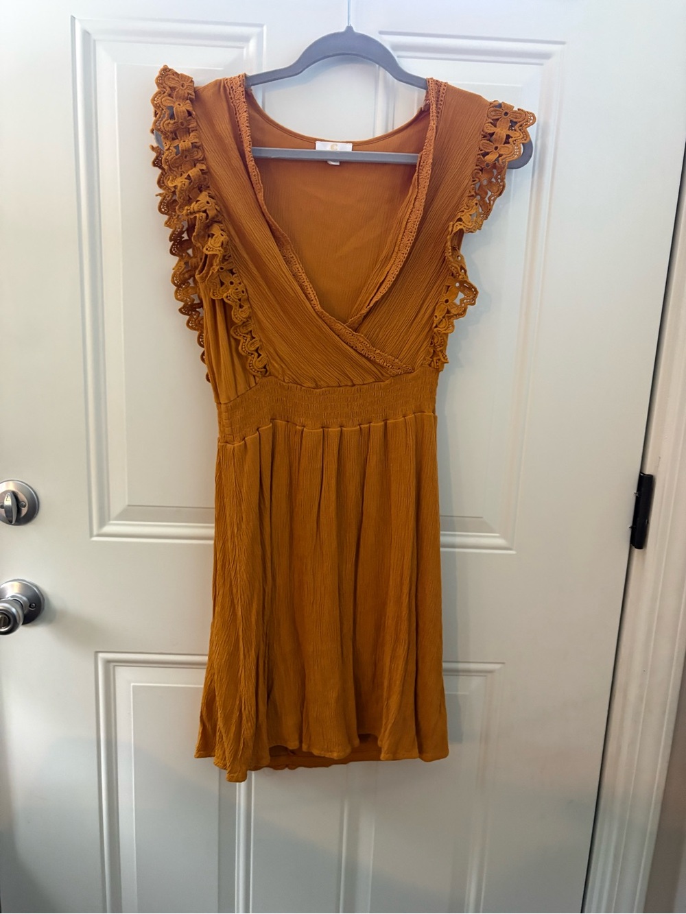 Women's Mustard Crochet Ruffle V-Neck Dress